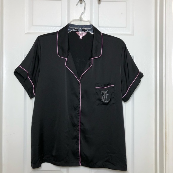 Juicy Couture Women's Satin Black and Pink Rhinestone Button Down Pajama Top XL - Picture 3 of 13